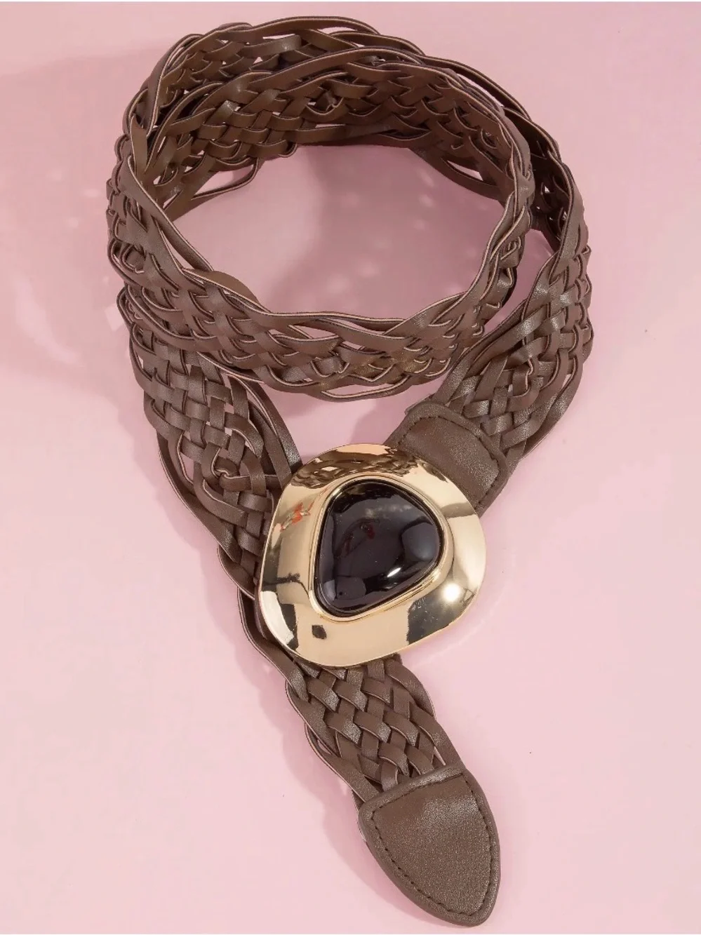 BEAUTIFUL WESTERN WOVEN LEATHER BELT IN BROWN WITH AMBER AND GOLD BUCKLE